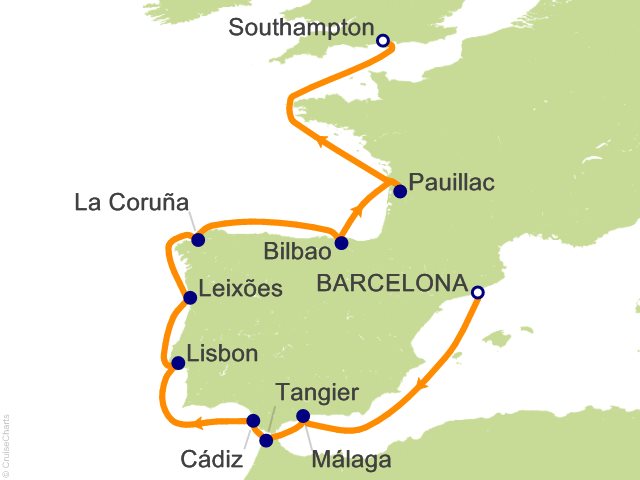 Seven Seas Prestige Voyage PRT270511 itinerary map from Barcelona to London (Southampton), May 11-25 2027, 14 days