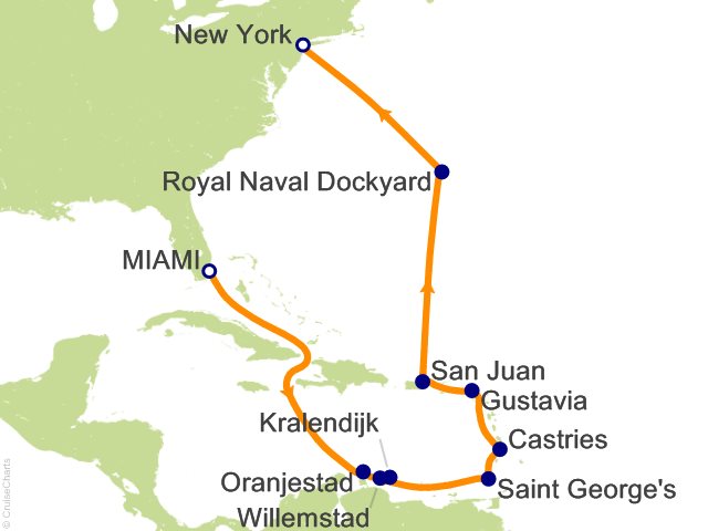 Seven Seas Prestige Voyage PRT270409 itinerary map from Miami to New York, April 9-23 2027, 14 days