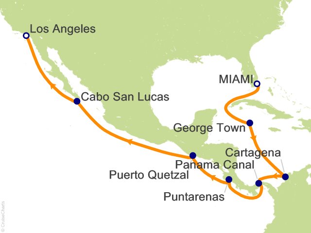Seven Seas Prestige Voyage PRT270120 itinerary map from Miami to Los Angeles, January 20-February 4 2027, 15 days