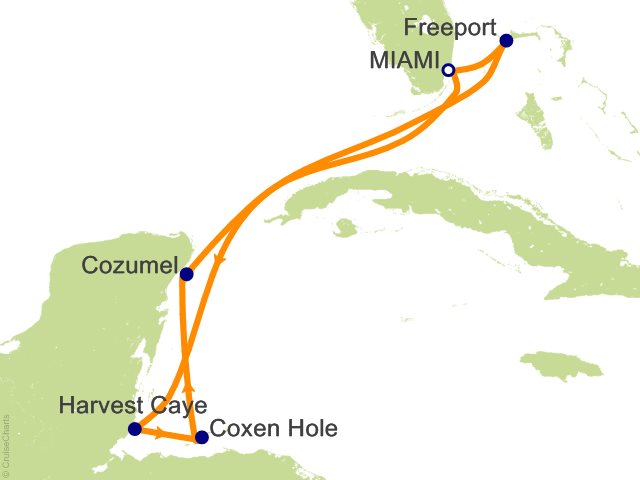 Seven Seas Prestige Voyage PRT271120 itinerary map from Miami to Miami, November 20-27 2027, 7 days