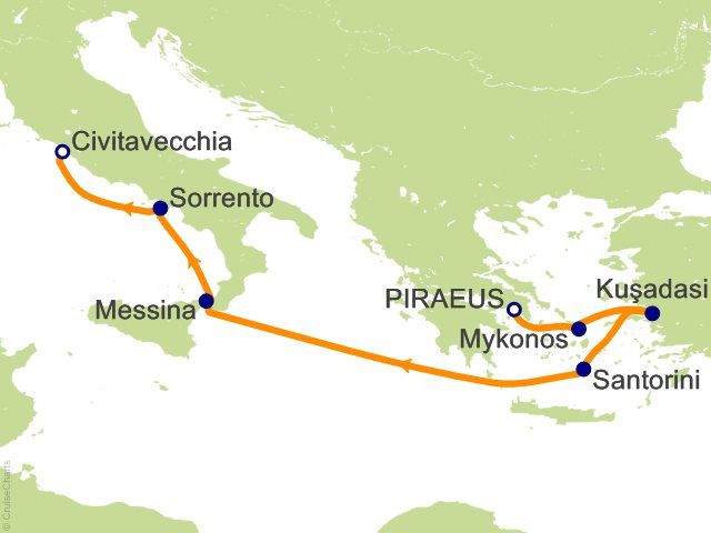 Seven Seas Prestige Voyage PRT270923 itinerary map from Athens (Piraeus) to Rome (Civitavecchia), September 23-30 2027, 7 days