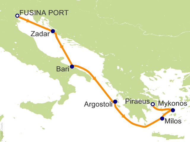 Seven Seas Prestige Voyage PRT270916 itinerary map from Trieste to Athens (Piraeus), September 16-23 2027, 7 days