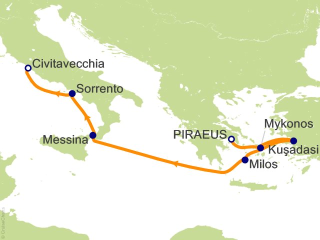 Seven Seas Prestige Voyage PRT270805 itinerary map from Athens (Piraeus) to Rome (Civitavecchia), August 5-12 2027, 7 days