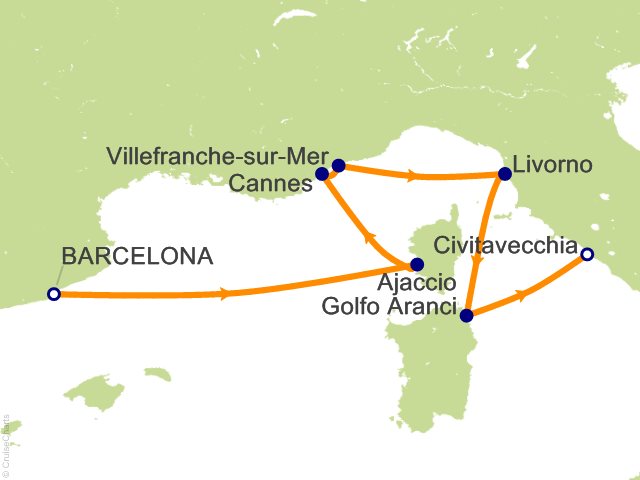 Seven Seas Prestige Voyage PRT270715 itinerary map from Barcelona to Rome (Civitavecchia), July 15-22 2027, 7 days
