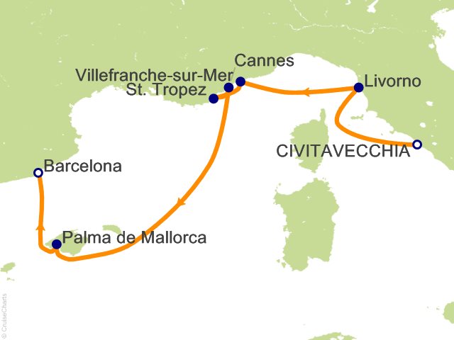 Seven Seas Prestige Voyage PRT270930 itinerary map from Rome (Civitavecchia) to Barcelona, September 30-October 7 2027, 7 days