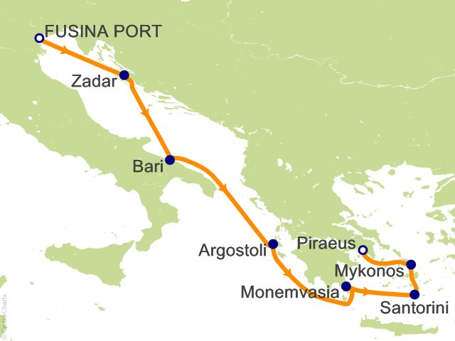 Seven Seas Prestige Voyage PRT270729 itinerary map from Trieste to Athens (Piraeus), July 29-August 5 2027, 7 days