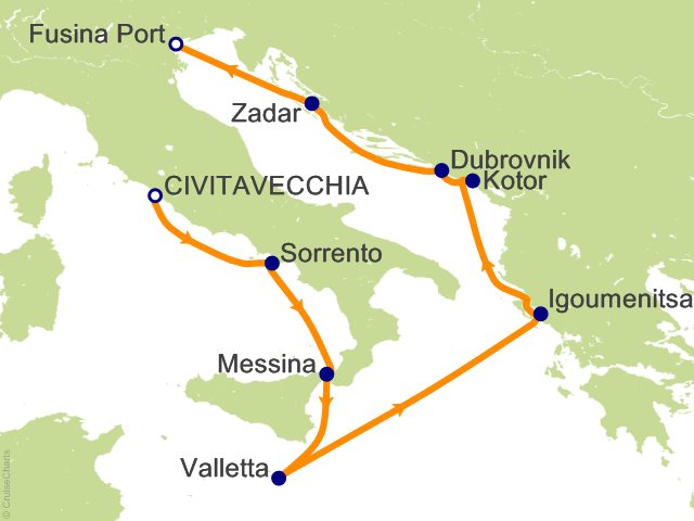 Seven Seas Prestige Voyage PRT271016 itinerary map from Rome (Civitavecchia) to Trieste, October 16-25 2027, 9 days