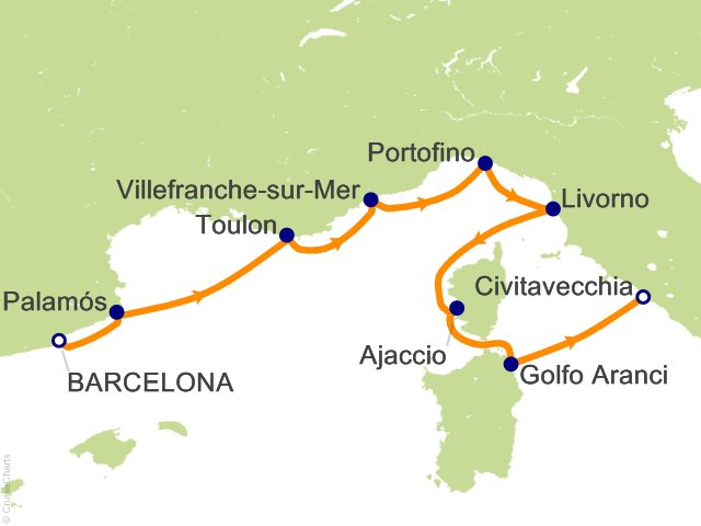 Seven Seas Prestige Voyage PRT271007 itinerary map from Barcelona to Rome (Civitavecchia), October 7-16 2027, 9 days