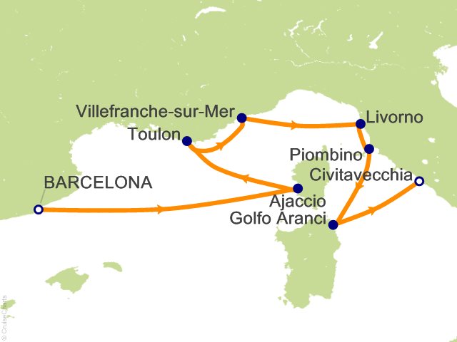 Seven Seas Prestige Voyage PRT270617 itinerary map from Barcelona to Rome (Civitavecchia), June 17-26 2027, 9 days