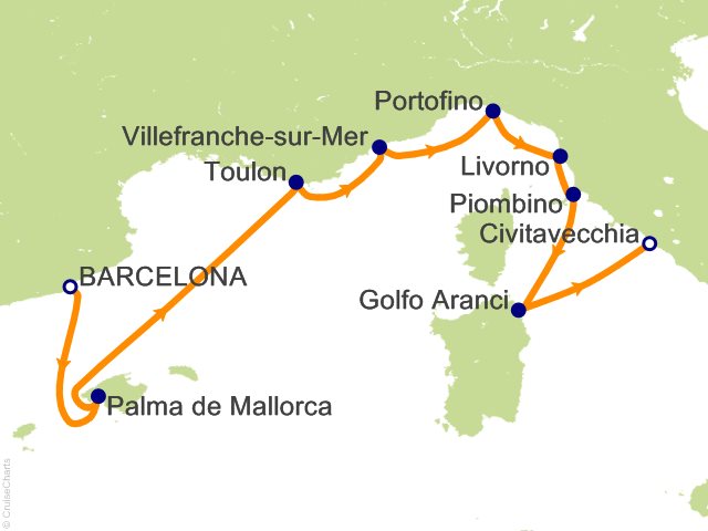 Seven Seas Prestige Voyage PRT270831 itinerary map from Barcelona to Rome (Civitavecchia), August 31-September 9 2027, 9 days