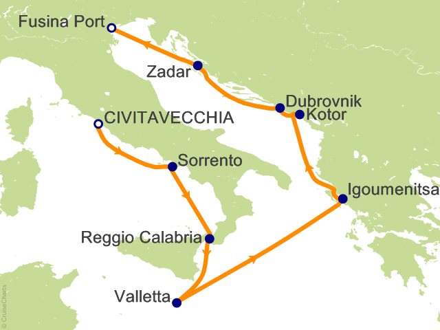 Seven Seas Prestige Voyage PRT270812 itinerary map from Rome (Civitavecchia) to Trieste, August 12-21 2027, 9 days