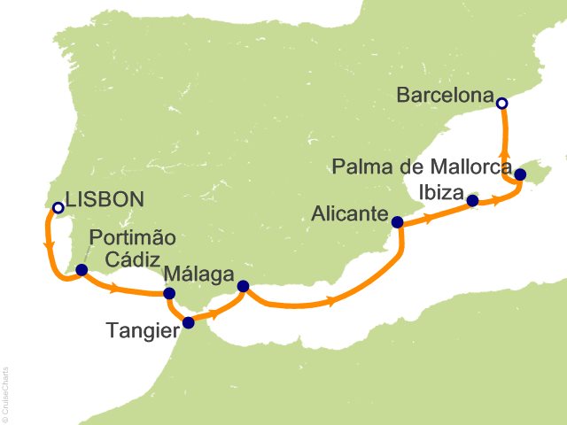 Seven Seas Prestige Voyage PRT270608 itinerary map from Lisbon to Barcelona, June 8-17 2027, 9 days