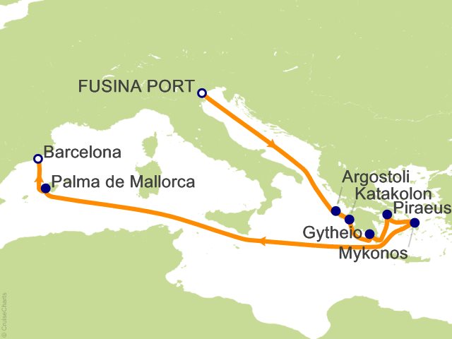 Seven Seas Prestige Voyage PRT271025 itinerary map from Trieste to Barcelona, October 25-November 4 2027, 10 days