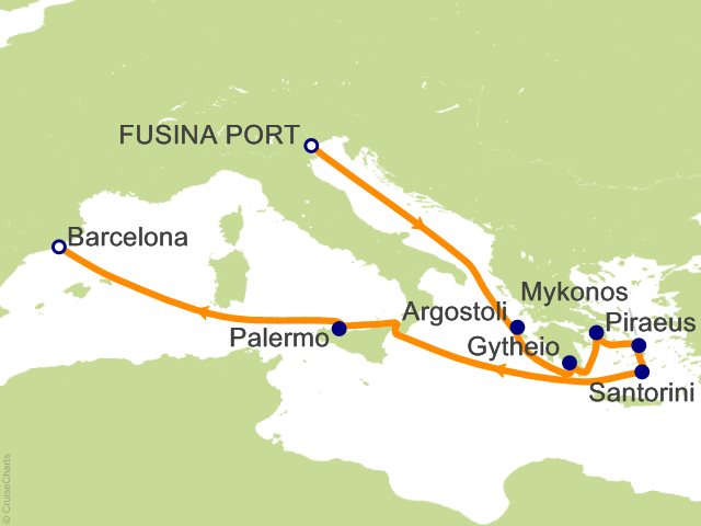 Seven Seas Prestige Voyage PRT270705 itinerary map from Ravenna to Barcelona, July 5-15 2027, 10 days