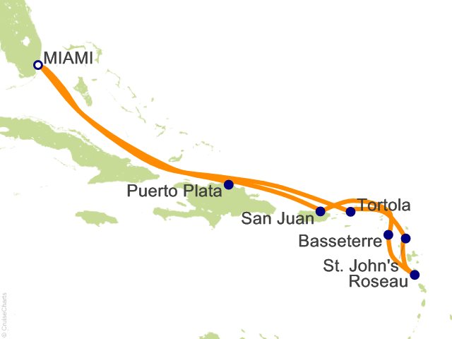 Seven Seas Prestige Voyage PRT271218 itinerary map from Miami to Miami, December 18-28 2027, 10 days
