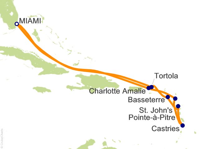 Seven Seas Prestige Voyage PRT271207 itinerary map from Miami to Miami, December 7-18 2027, 11 days