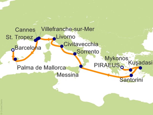 Seven Seas Prestige Voyage PRT270923A itinerary map from Athens (Piraeus) to Barcelona, September 23-October 7 2027, 14 days