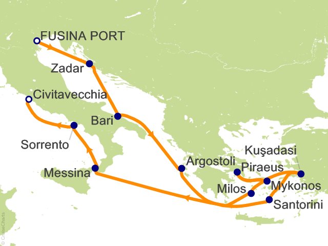 Seven Seas Prestige Voyage PRT270916A itinerary map from Trieste to Rome (Civitavecchia), September 16-30 2027, 14 days
