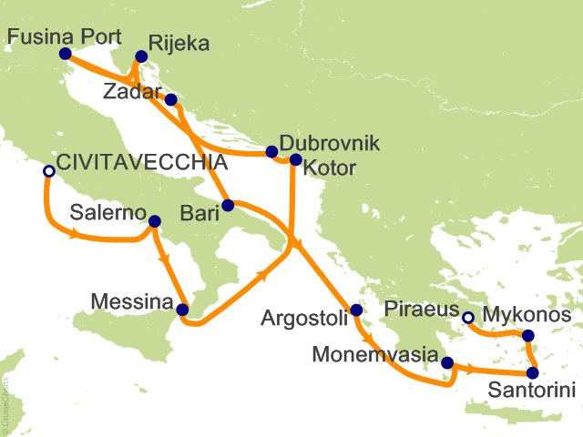 Seven Seas Prestige Voyage PRT270722A itinerary map from Rome (Civitavecchia) to Athens (Piraeus), July 22-August 5 2027, 14 days
