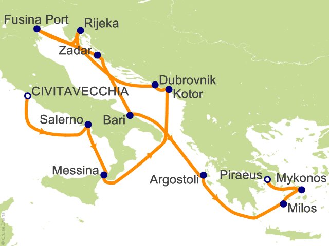 Seven Seas Prestige Voyage PRT270909A itinerary map from Rome (Civitavecchia) to Athens (Piraeus), September 9-23 2027, 14 days