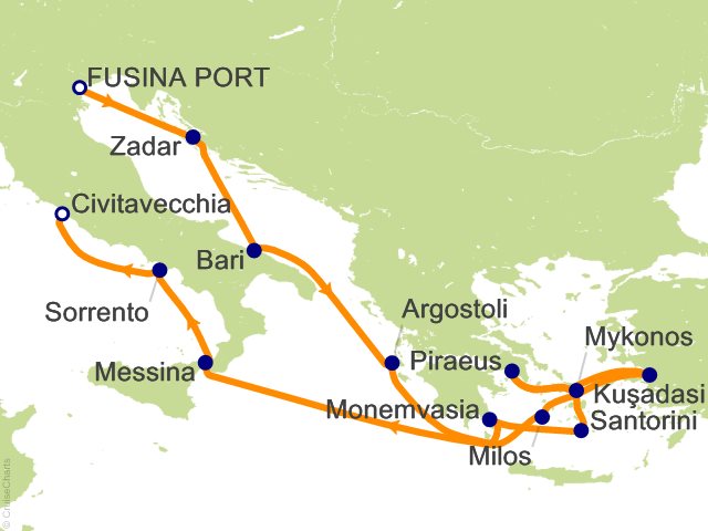 Seven Seas Prestige Voyage PRT270729A itinerary map from Trieste to Rome (Civitavecchia), July 29-August 12 2027, 14 days