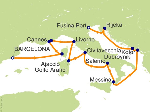 Seven Seas Prestige Voyage PRT270715A itinerary map from Barcelona to Trieste, July 15-29 2027, 14 days