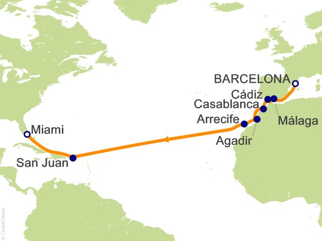 Seven Seas Prestige Voyage PRT271104 itinerary map from Barcelona to Miami, November 4-20 2027, 16 days