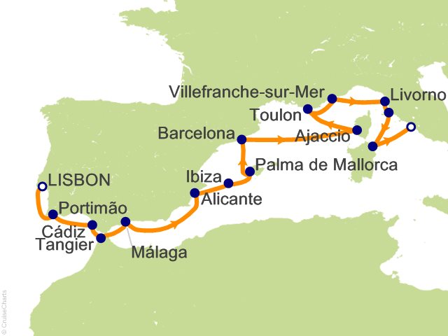 Seven Seas Prestige Voyage PRT270608A itinerary map from Lisbon to Rome (Civitavecchia), June 8-26 2027, 18 days