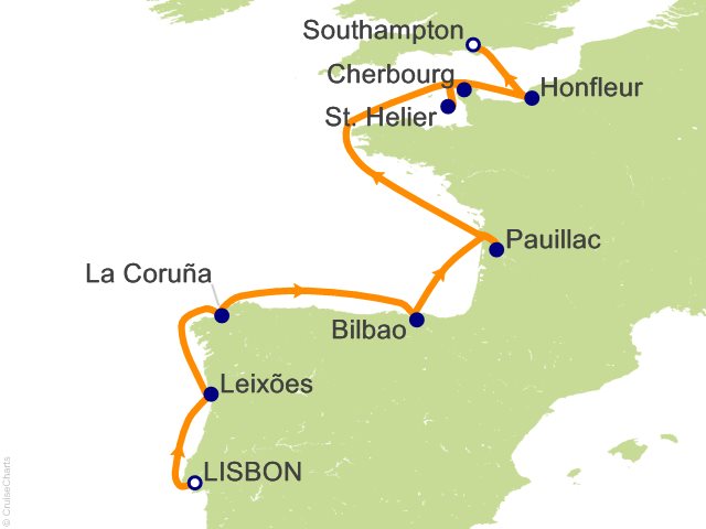 Seven Seas Prestige Voyage PRT280420 itinerary map from Lisbon to London (Southampton), April 20-29 2028, 9 days