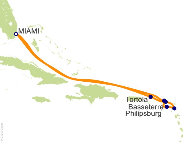 Seven Seas Prestige Voyage PRT280107 itinerary map from Miami to Miami, January 7-17 2028, 10 days