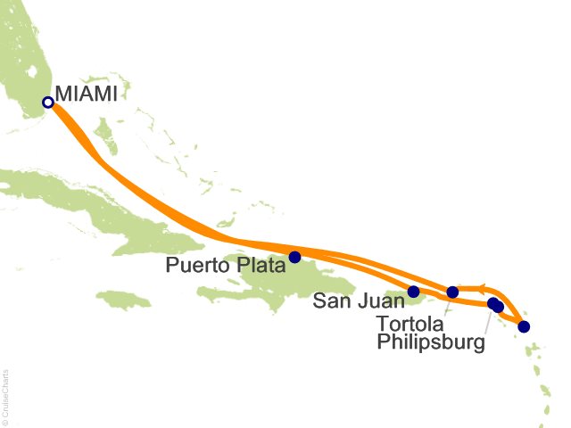 Seven Seas Prestige Voyage PRT280117 itinerary map from Miami to Miami, January 17-27 2028, 10 days