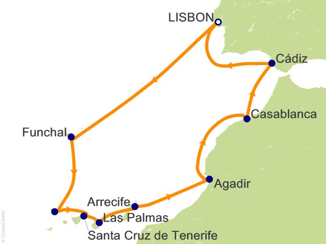 Seven Seas Prestige Voyage PRT280409 itinerary map from Lisbon to Lisbon, April 9-20 2028, 11 days