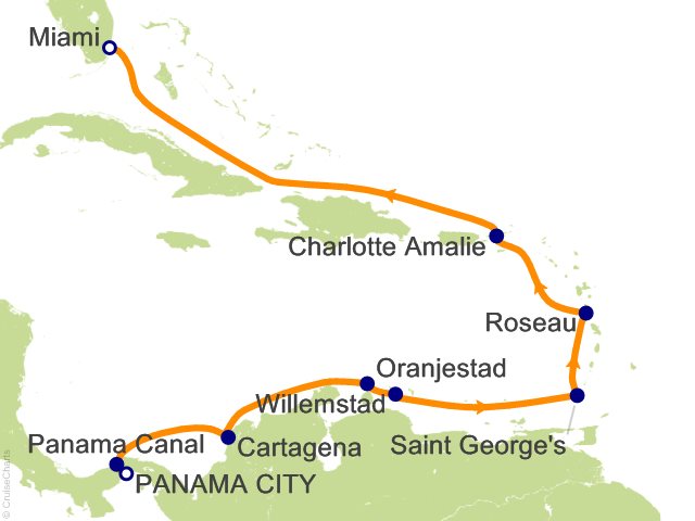 Seven Seas Prestige Voyage PRT280314 itinerary map from Panama City to Miami, March 14-26 2028, 12 days