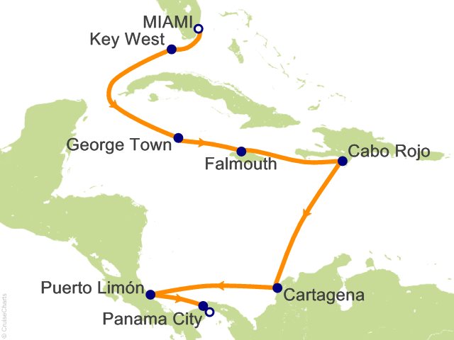 Seven Seas Prestige Voyage PRT280302 itinerary map from Miami to Panama City, March 2-14 2028, 12 days