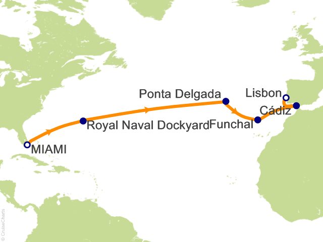 Seven Seas Prestige Voyage PRT280326 itinerary map from Miami to Lisbon, March 26-April 9 2028, 14 days