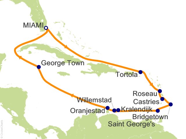 Seven Seas Prestige Voyage PRT280216 itinerary map from Miami to Miami, February 16-March 2 2028, 15 days