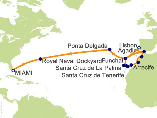 Seven Seas Prestige Voyage PRT280326A itinerary map from Miami to Lisbon, March 26-April 20 2028, 25 days