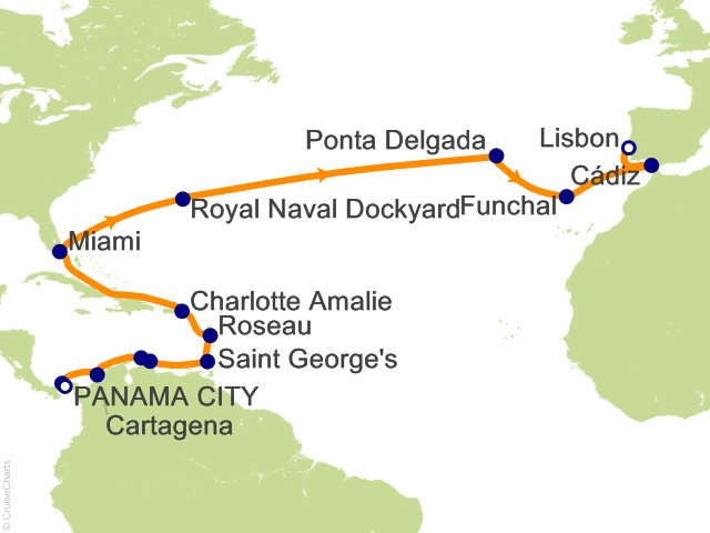 Seven Seas Prestige Voyage PRT280314A itinerary map from Panama City to Lisbon, March 14-April 9 2028, 26 days