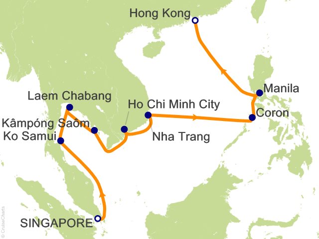 Regent Seven Seas Explorer voyage EXP260214 itinerary map from Singapore to Hong Kong