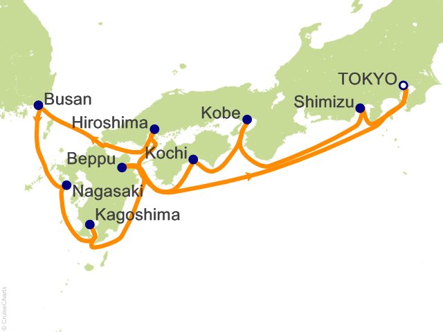 Regent Seven Seas Explorer voyage EXP260408 itinerary map from Tokyo to Tokyo
