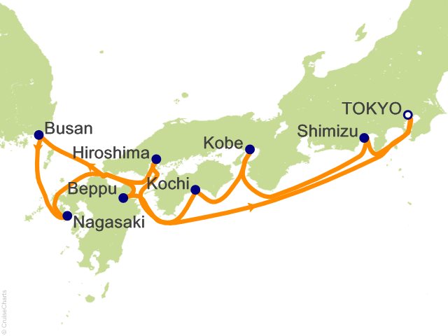 Regent Seven Seas Explorer voyage EXP260314 itinerary map from Tokyo to Tokyo