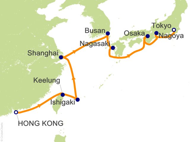Regent Seven Seas Explorer voyage EXP260228 itinerary map from Hong Kong to Tokyo