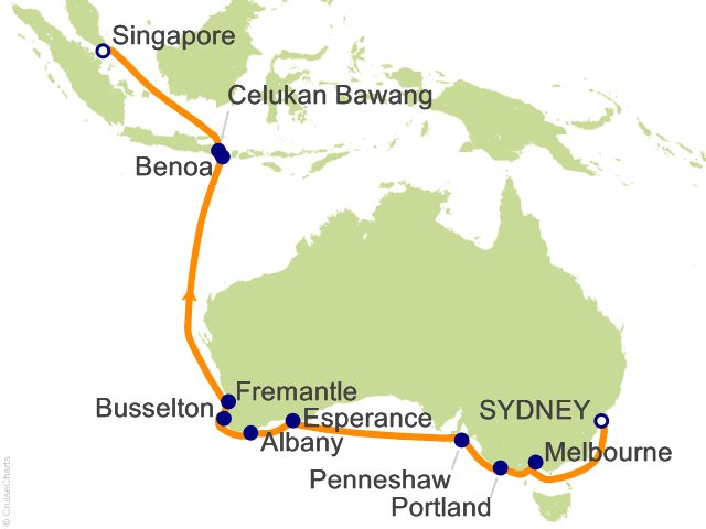 Regent Seven Seas Explorer voyage EXP260127 itinerary map from Sydney to Singapore