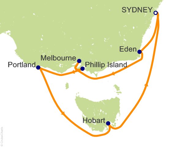 Regent Seven Seas Explorer voyage EXP261219 itinerary map from Sydney to Sydney