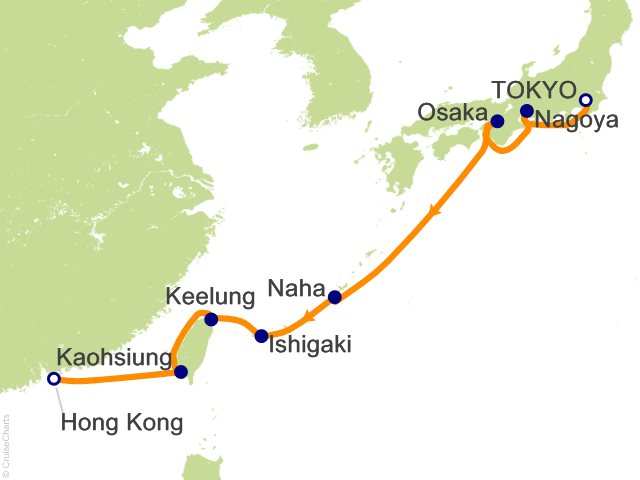 Regent Seven Seas Explorer voyage EXP261031 itinerary map from Tokyo to Hong Kong