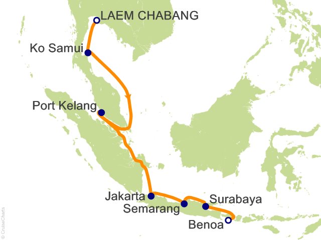 Regent Seven Seas Explorer voyage EXP261122 itinerary map from Bangkok (Laem Chabang) to Bali (Benoa)