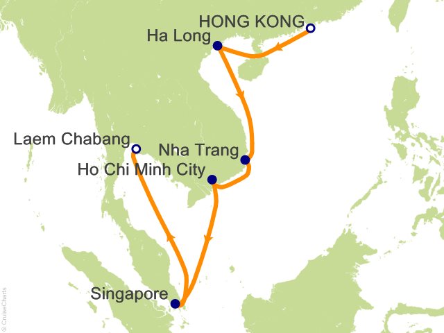 Regent Seven Seas Explorer voyage EXP261110 itinerary map from Hong Kong to Bangkok (Laem Chabang)