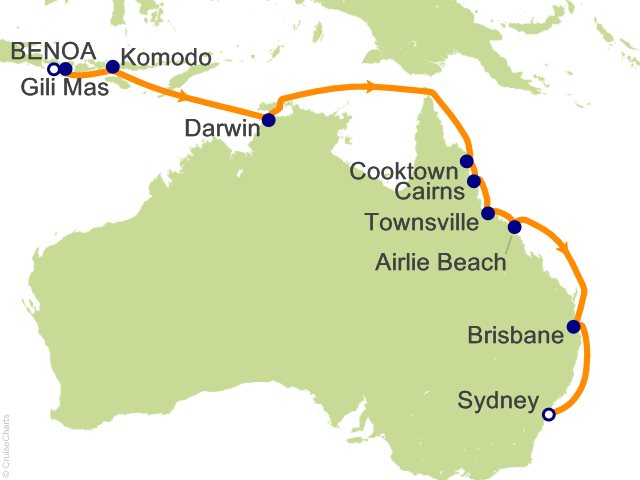 Regent Seven Seas Explorer voyage EXP261203 itinerary map from Bali (Benoa) to Sydney