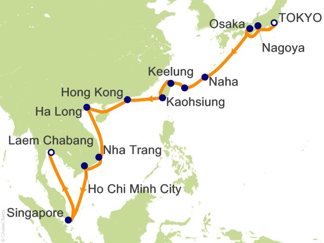 Regent Seven Seas Explorer voyage EXP261031A itinerary map from Tokyo to Bangkok (Laem Chabang)