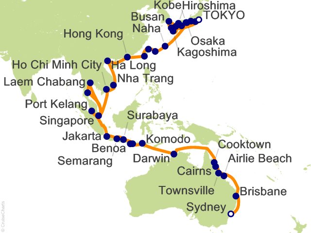 Regent Seven Seas Explorer voyage EXP261020D itinerary map from Tokyo to Sydney